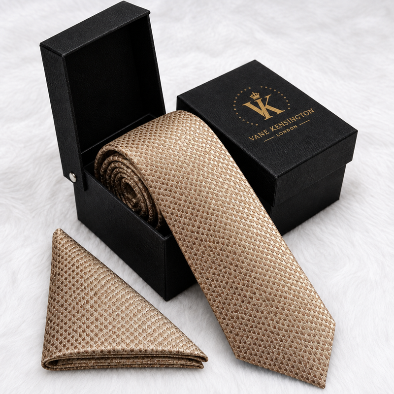 Plumstead Bronze Chevron silk tie by Vane Kensington in its gift box with matching pocket square