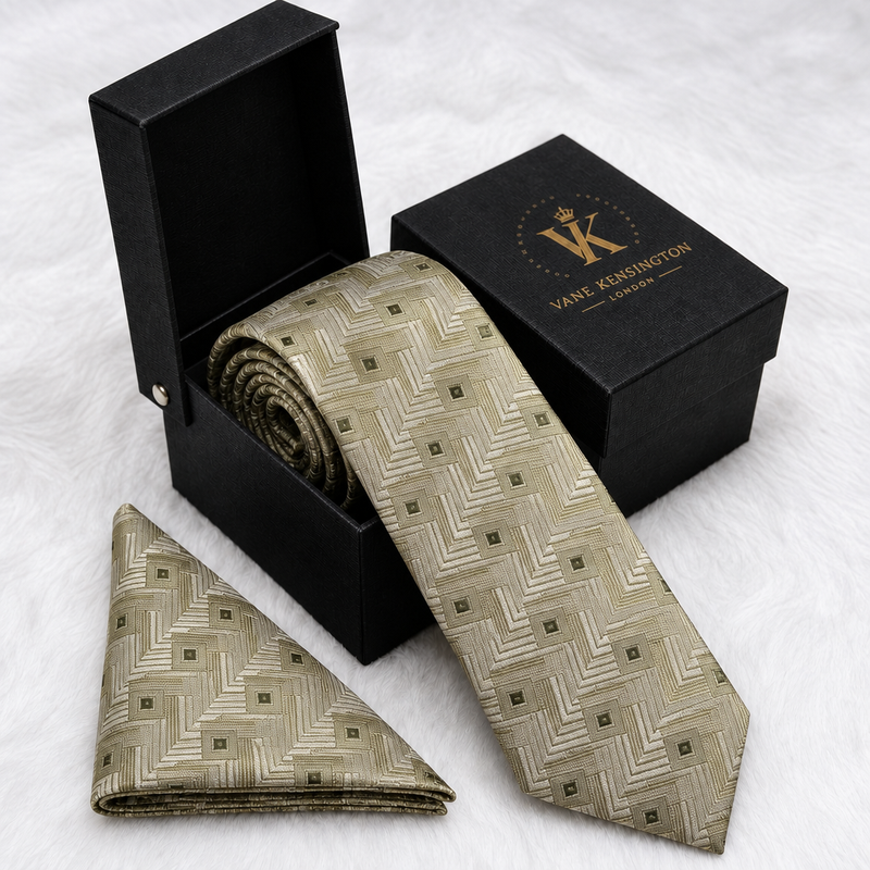 Putney Gold Geometric Weave silk tie box