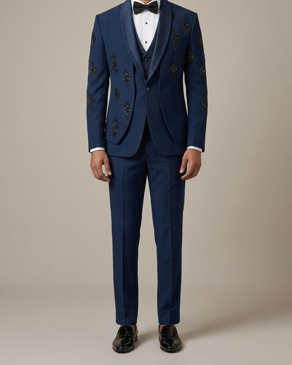 Navy Geometric Embroidered Tuxedo 3 Piece Suit