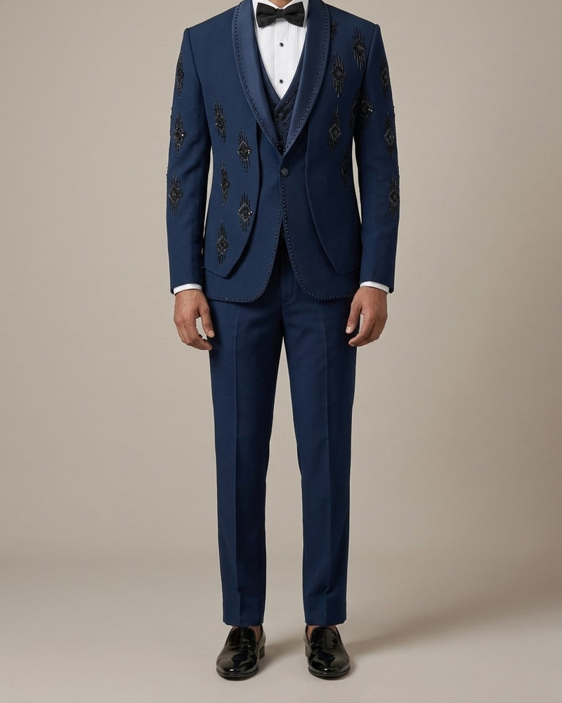Navy Geometric Embroidered Tuxedo – three-piece with jacket, waistcoat and trousers