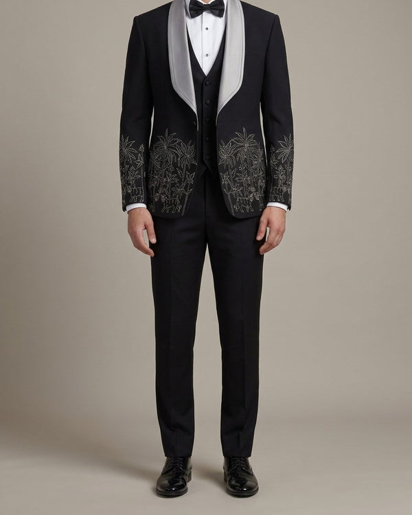 Black & Silver Botanical Tuxedo 3 Piece Suit