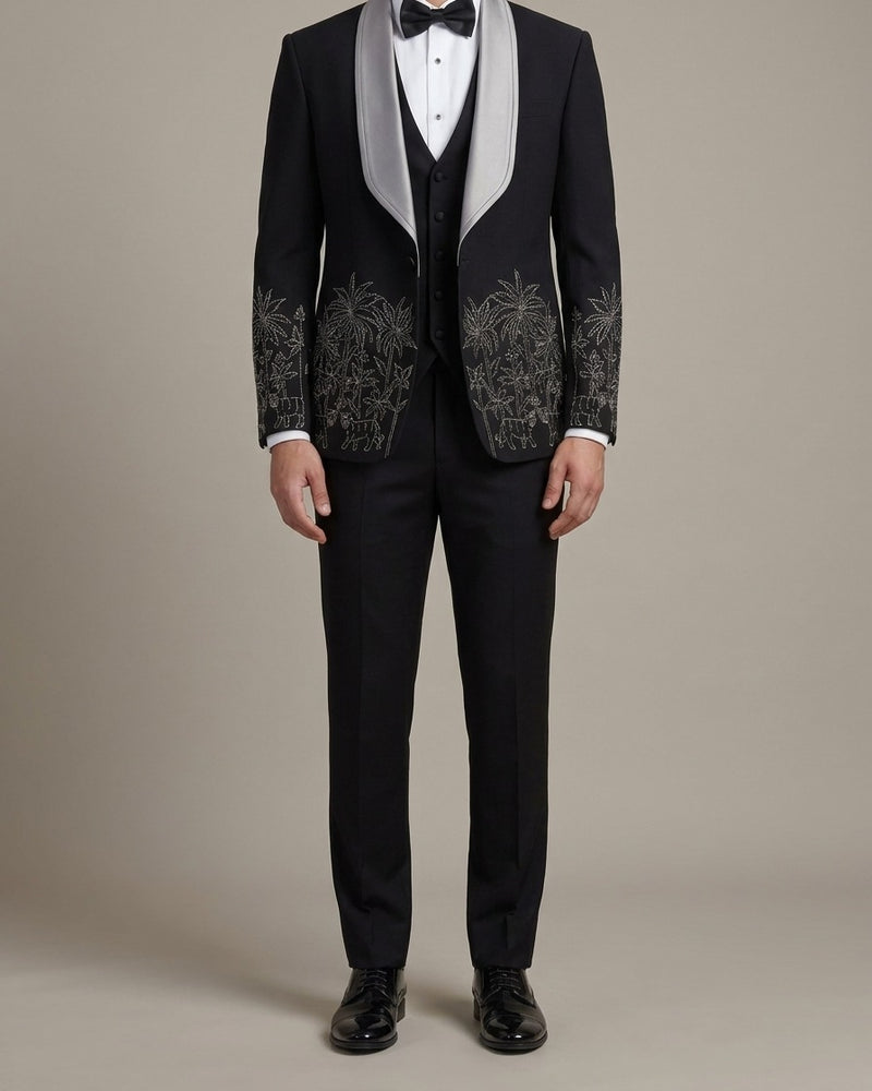 Black Silver Botanical Embroidered Tuxedo – three-piece with jacket, waistcoat and trousers