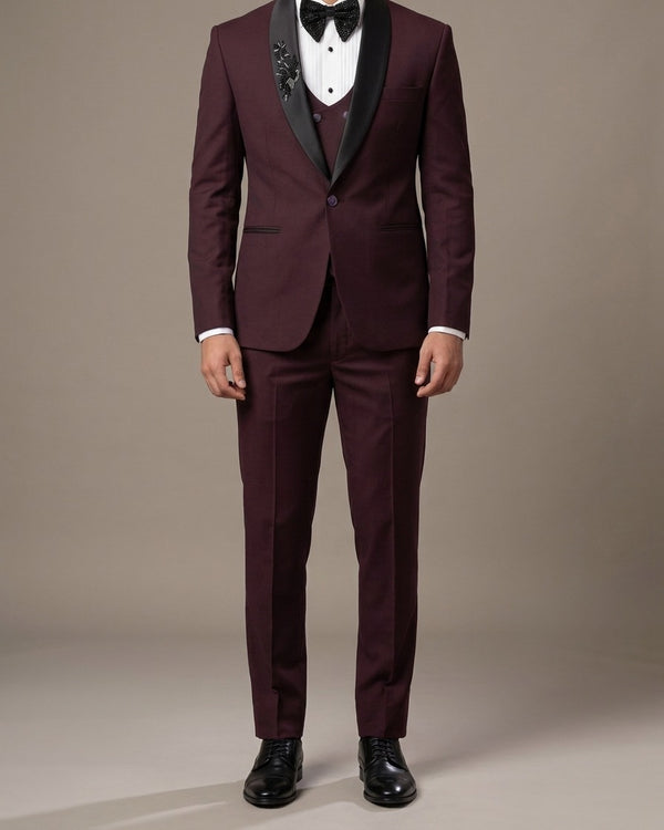 Burgundy Satin Lapel Tuxedo 3 Piece Suit