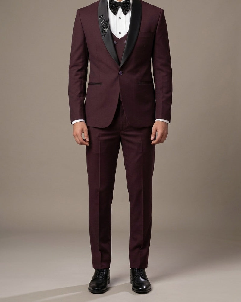 Burgundy Satin Lapel Three-Piece Tuxedo – three-piece with jacket, waistcoat and trousers
