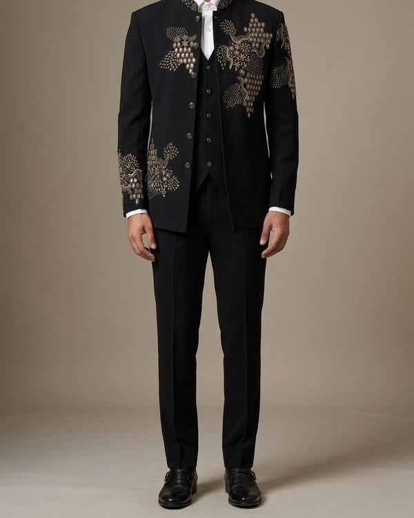 Black Embroidered Bandhgala 3 Piece Suit
