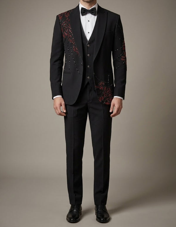 Black & Crimson Floral Tuxedo 3 Piece Suit