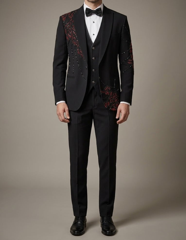 Black Crimson Floral Embroidered Tuxedo – three-piece with jacket, waistcoat and trousers