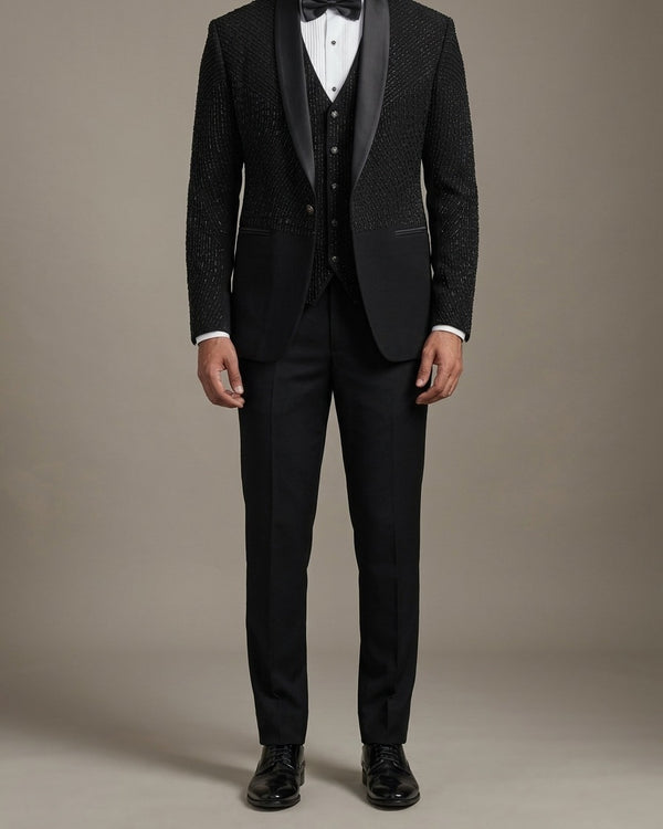 Black Textured Tuxedo 3 Piece Suit