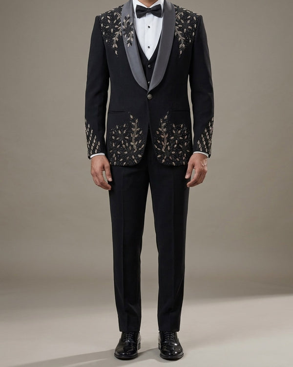Black & Gold Floral Tuxedo 3 Piece Suit