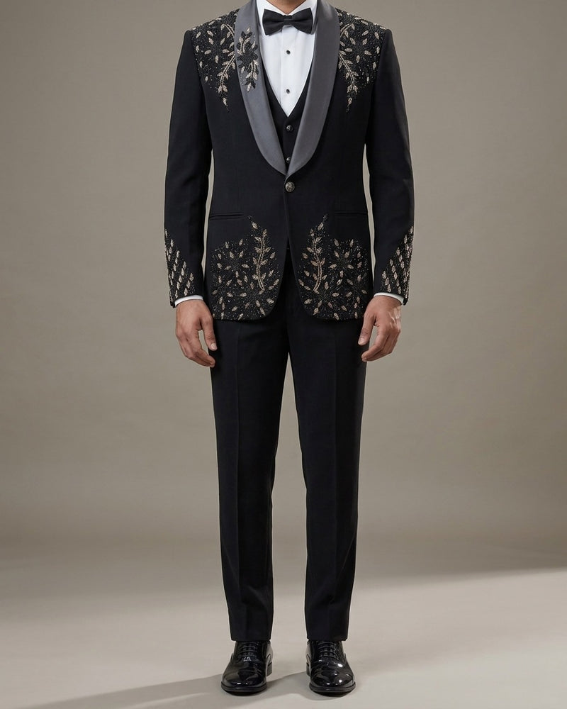Black Gold Floral Embroidered Tuxedo – three-piece with jacket, waistcoat and trousers