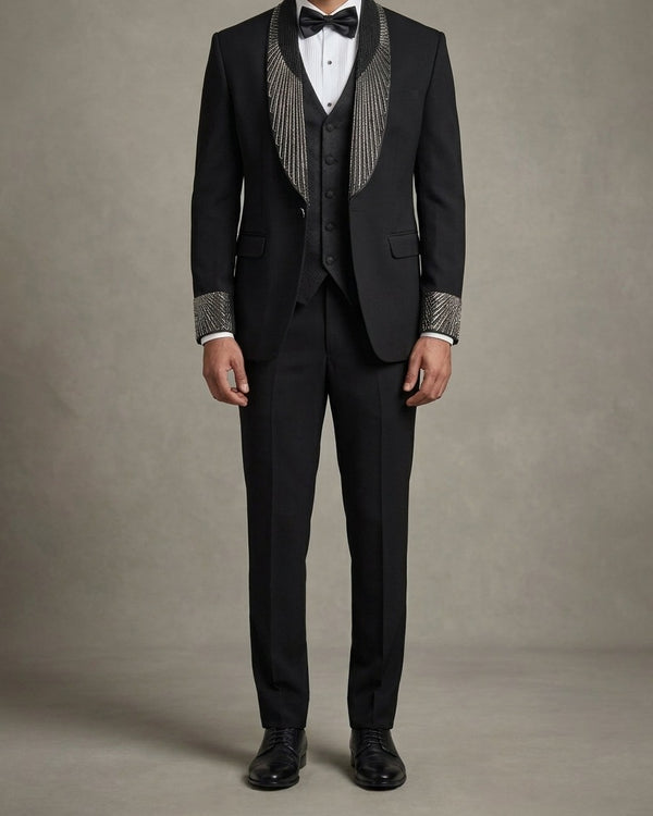 Black Beaded Shawl Lapel 3 Piece Suit
