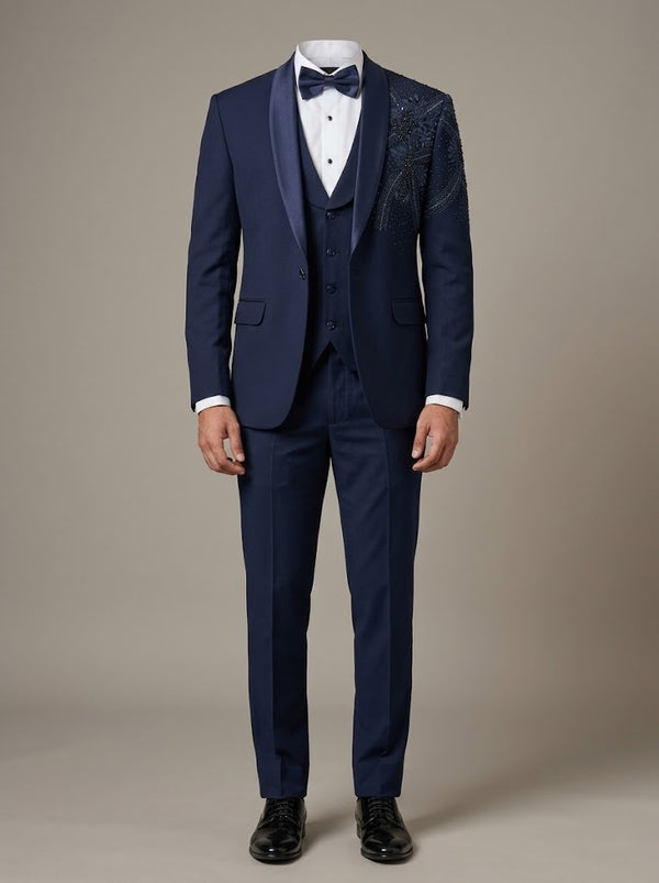 Navy Beaded Shoulder Tuxedo 3 Piece Suit