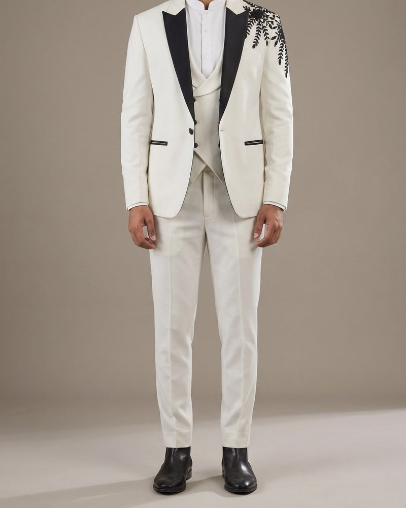 Ivory Jodhpuri Suit with Black Embroidery – three-piece with jacket, waistcoat and trousers