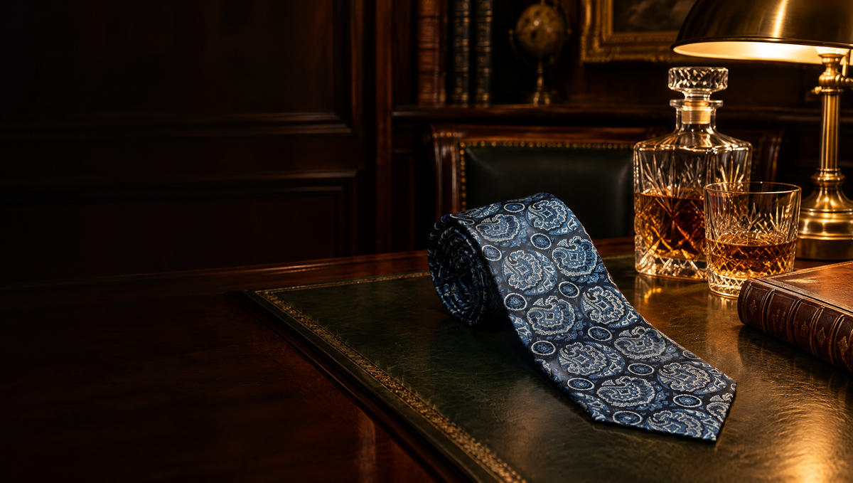 Vane Kensington silk tie on a leather desk in a London study