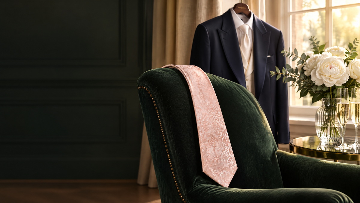 Blush pink paisley wedding silk tie on a velvet chair beside a morning coat and peonies