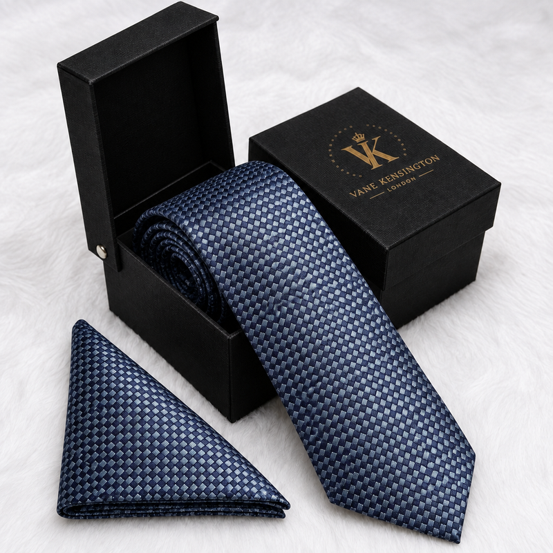 Whitechapel Navy Diamond Weave silk tie box